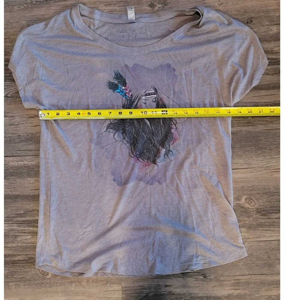 Our SocieTee Womens Boho‎ Graphic T-Shirt Sequin Feather Detail Taupe Size M